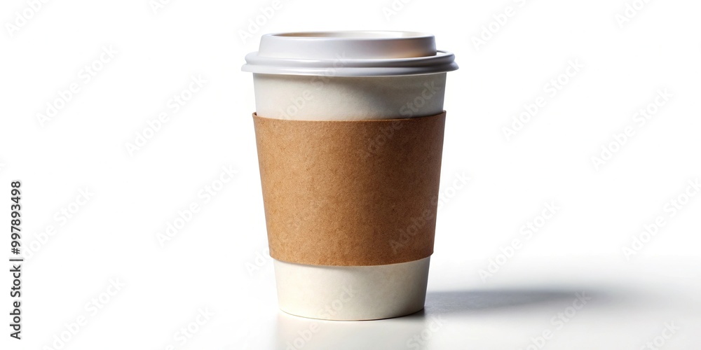 Eye level view of small white paper coffee cup with brown sleeve and lid isolated on white background with shadow Eye level view of small white paper coffee cup with brown sleeve and lid isolated on white background with shadow