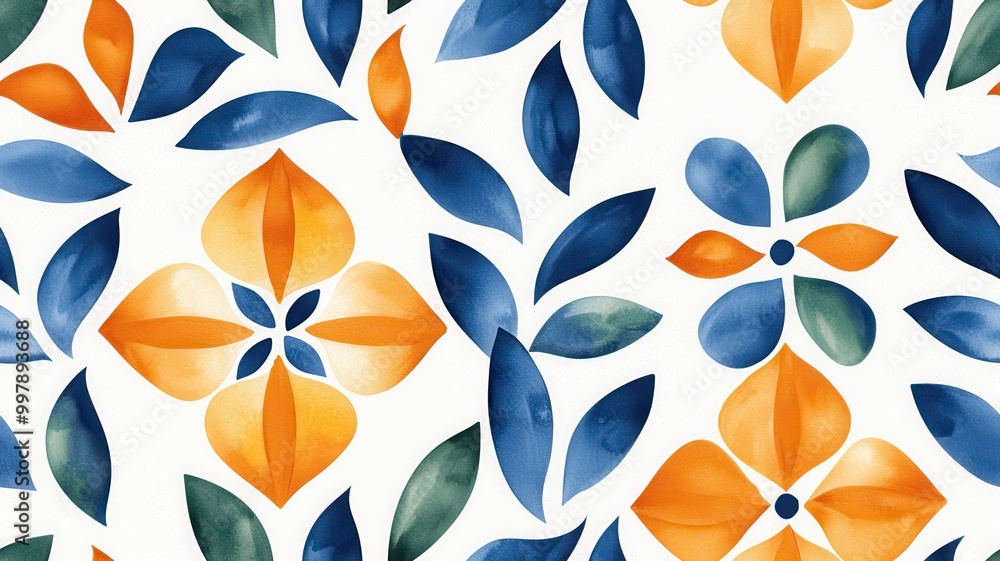 A vibrant floral pattern featuring orange and blue watercolor motifs against a white background, showcasing nature-inspired design elements. A vibrant floral pattern featuring orange and blue watercolor motifs against a white background, showcasing nature-inspired design elements.