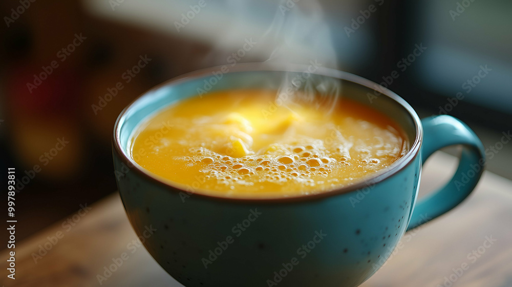 Steaming Hot Pumpkin Soup in a Blue Ceramic Mug - A comforting bowl of hot, steaming pumpkin soup served in a rustic blue ceramic mug. Steaming Hot Pumpkin Soup in a Blue Ceramic Mug - A comforting bowl of hot, steaming pumpkin soup served in a rustic blue ceramic mug.