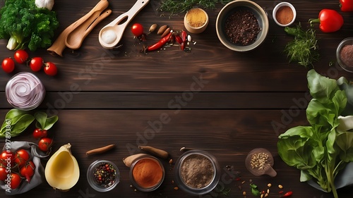 Still life of raw beef meat with vegetables on wooden plate over vintage background, top view