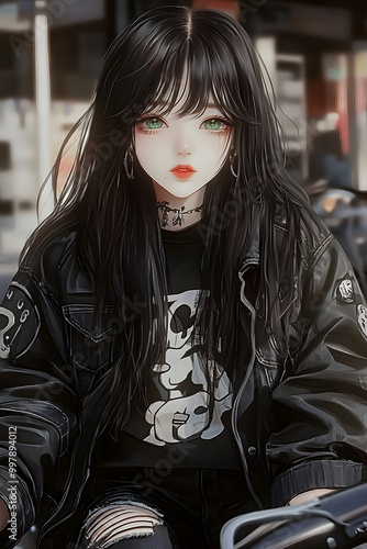 anime style, beautiful girl with long black hair, black cropped t shirt, tattoo sleeves, green eyes, pierced ears, sitting on a motorcycle, 