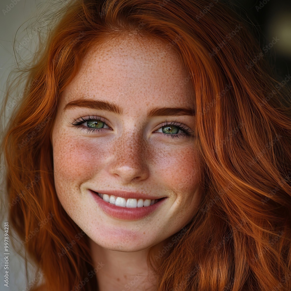 A woman with long red hair and blue eyes smiles at the camera A woman with long red hair and blue eyes smiles at the camera