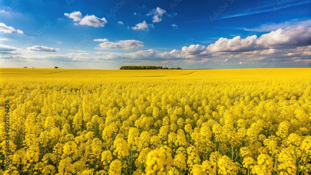 Fototapeta premium Eye level view of yellow rapeseed flowers growing in a field, known as Canola or Colza plant, for green energy