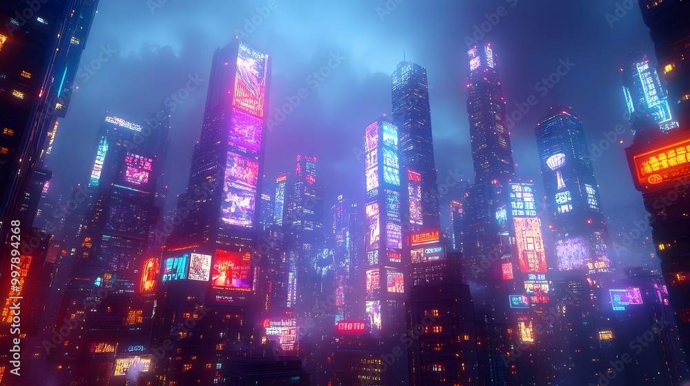 Obraz premium Pictures of cars beneath neon-lit buildings on bustling city streets