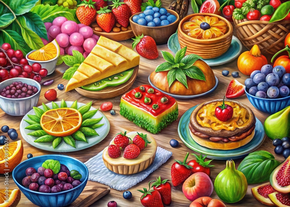 Colorful Hand-Drawn Illustration of Delicious Food Items Including Fruits, Vegetables, and Desserts Colorful Hand-Drawn Illustration of Delicious Food Items Including Fruits, Vegetables, and Desserts