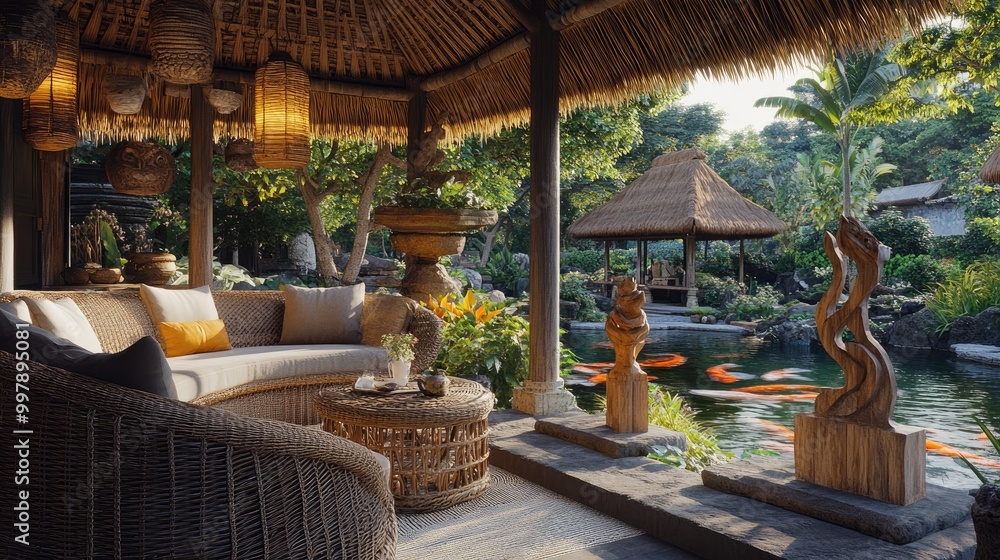 Fototapeta premium A cozy Balinese outdoor living pavilion with a thatched roof