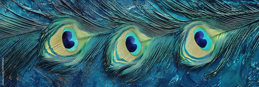 Fototapeta premium Feathered peacock tail texture, vibrant blues and greens with shimmering detail