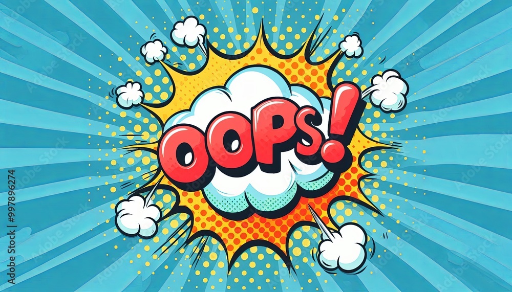 Comic style speech bubble with the word Oops surrounded by clouds and bright rays on blue background. Pop art design for posters, banners, and prints Comic style speech bubble with the word Oops surrounded by clouds and bright rays on blue background. Pop art design for posters, banners, and prints