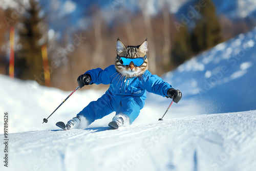 cat skiing, AI generated