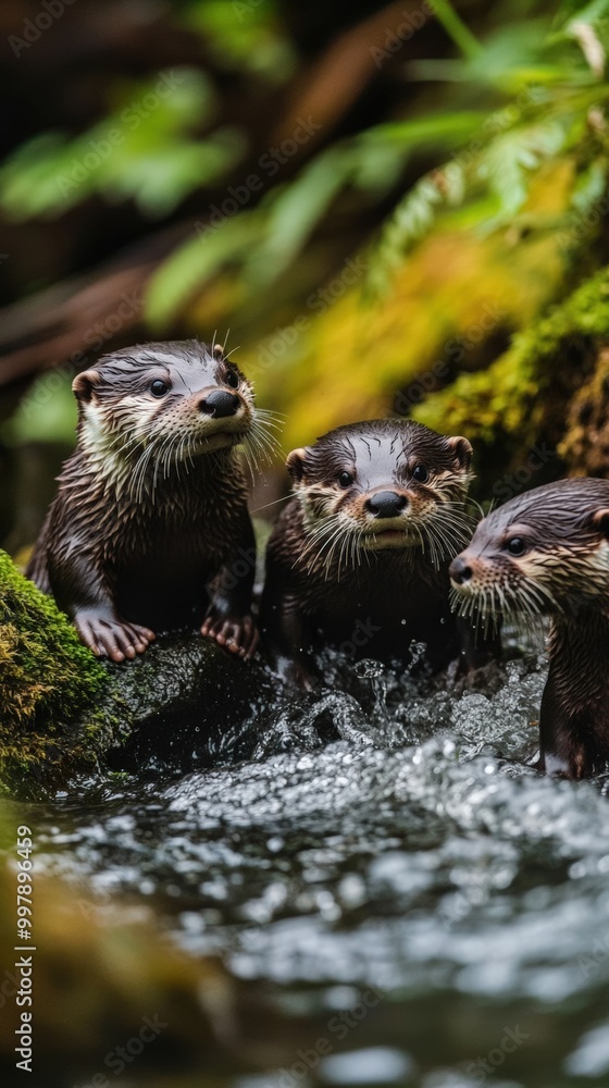A family of otters playing in a freshwater stream, surrounded by moss-covered rocks and lush green forest A family of otters playing in a freshwater stream, surrounded by moss-covered rocks and lush green forest