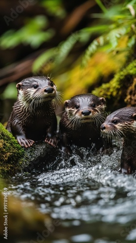 A family of otters playing in a freshwater stream, surrounded by moss-covered rocks and lush green forest