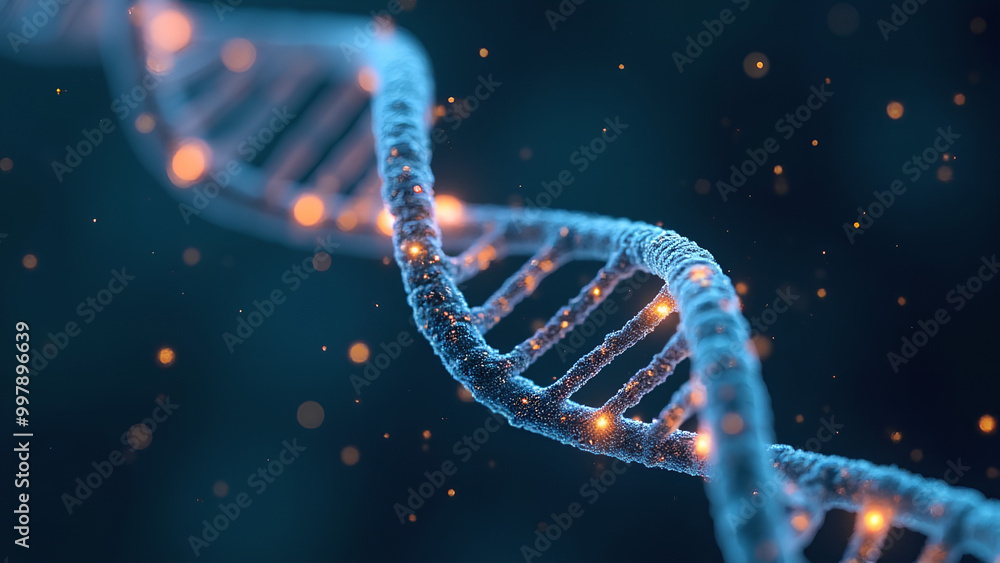 Digital representation of dna strands with glowing nodes symbolizing genetic biomarkers and molecular biology