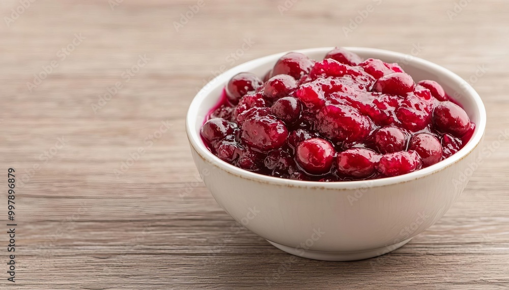 Raspberry jam in a white bowl on a wooden table. Raspberry jam in a white bowl on a wooden table.