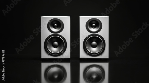 Glossy white bookshelf speaker. dark background. Audio, speakers, sound, music, listening.