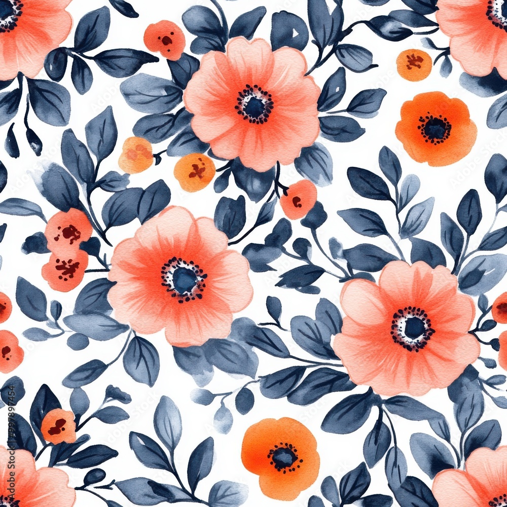 Elegant floral pattern with coral flowers and blue leaves for textile and wallpaper design Elegant floral pattern with coral flowers and blue leaves for textile and wallpaper design