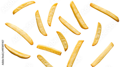 Flying French Fries falling on Transparent Background, Crispy Snack, Crispy Fries in Motion. Food png.