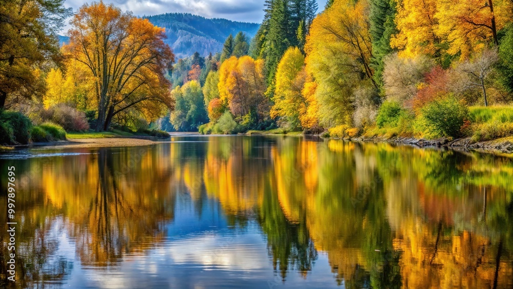 Fall Foliage reflected in Stillaguamish River in Washington State autumn trees reflected in water Point of View Fall Foliage reflected in Stillaguamish River in Washington State autumn trees reflected in water Point of View