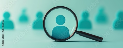 A magnifying glass over a glowing profile on a job portal, clean tech interface in soft tones, peaceful mood, 3D render, close-up with room for text.