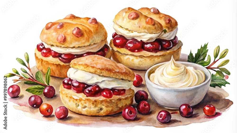 Fall scones with cranberry and orange, served with clotted cream in a watercolor style illustration Fall scones with cranberry and orange, served with clotted cream in a watercolor style illustration