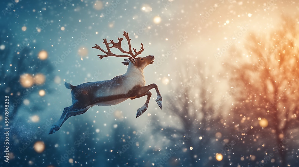 Santaa??s reindeer flying through a snowy sky on Christmas Eve Santaa??s reindeer flying through a snowy sky on Christmas Eve
