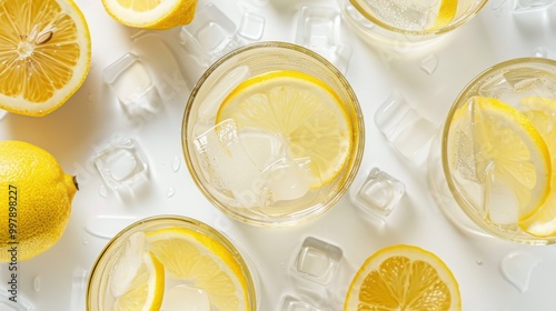 A glass of lemonade with ice cubes and a slice of lemon on top