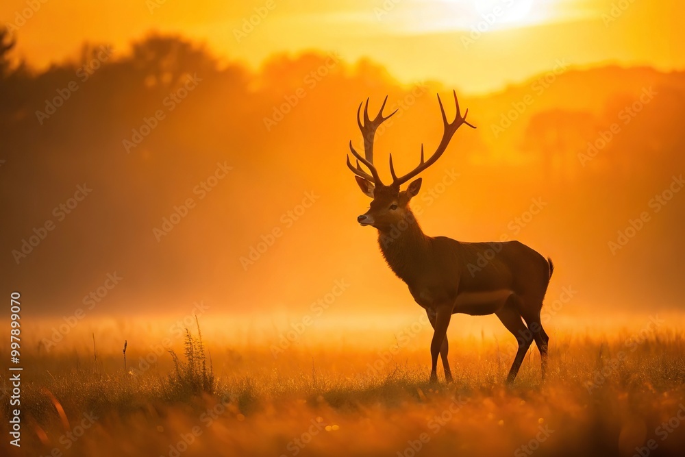 Fallow deer bull in the orange light of the rising sun, minimalist Fallow deer bull in the orange light of the rising sun, minimalist