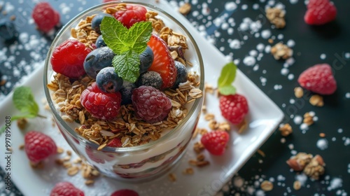 A glass of fruit with berries and granola on top