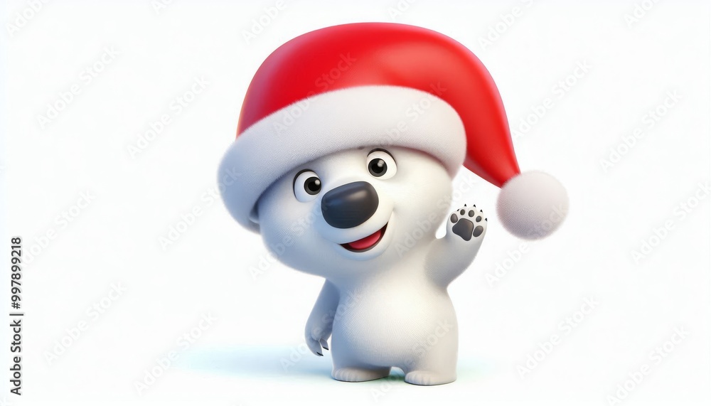 Cute 3D cartoon polar bear cub waving paw in a Santa hat isolated on white background. Christmas character and winter holidays concept Cute 3D cartoon polar bear cub waving paw in a Santa hat isolated on white background. Christmas character and winter holidays concept