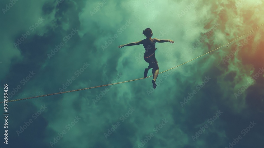 A person is walking on a tightrope in the sky A person is walking on a tightrope in the sky