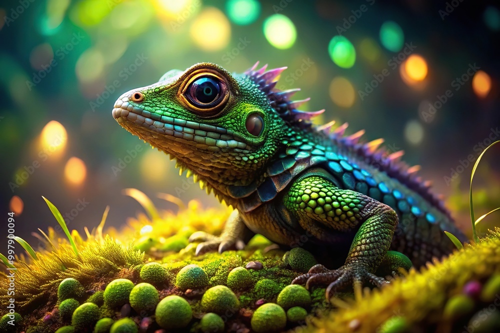 Obraz premium Fantastical creature emerging from green moss with shimmering scales