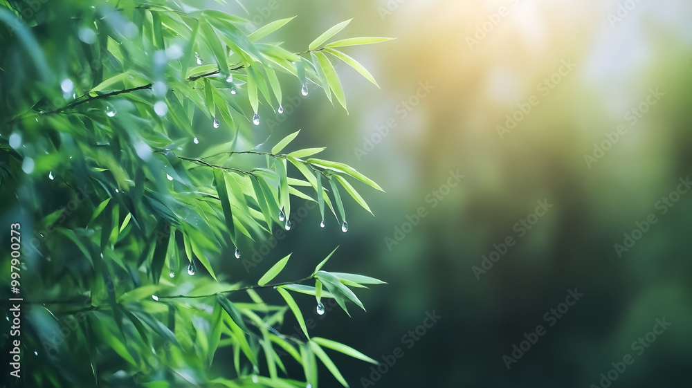 dewdrops hanging lightly on bamboo leaves, crystal clear dewdrops hanging lightly on bamboo leaves, crystal clear