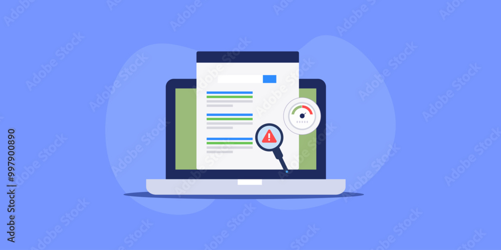 SEO spam checker software tool detects keyword stuffing and manipulate ranking on search results, conceptual vector illustration. SEO spam checker software tool detects keyword stuffing and manipulate ranking on search results, conceptual vector illustration.