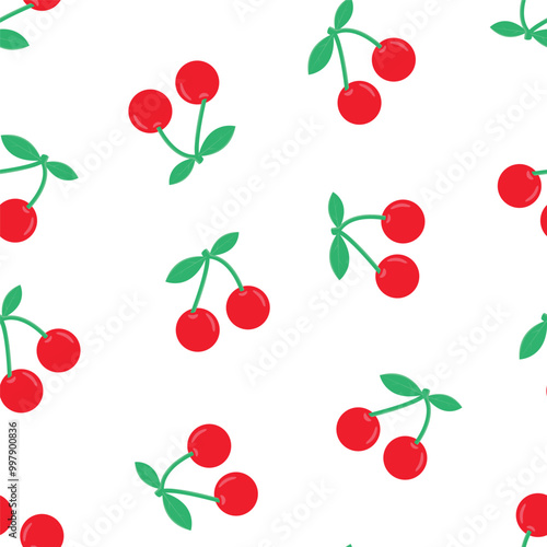 Seamless pattern of simple red cherries on transparent background