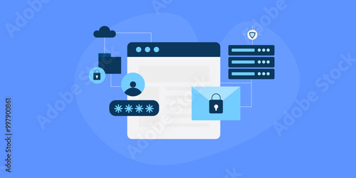 Encrypted email message, server security and website login access control with passkey, cloud network platform internet security vector illustration concept.