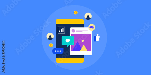 Engaging social media content on smartphone. Like, share and comment audience reaction on post conceptual vector illustration.