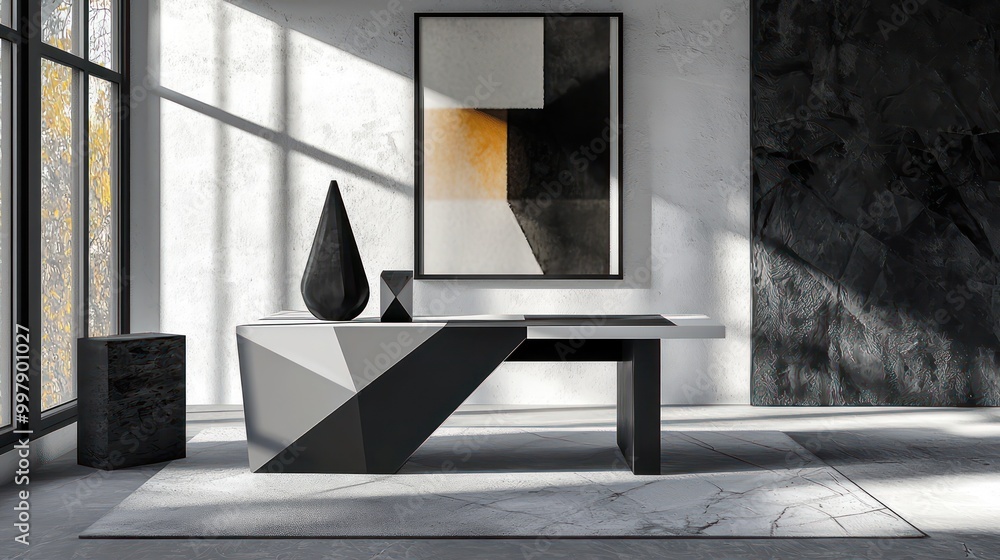 Home office with a modern minimalist theme, featuring a black and white ...