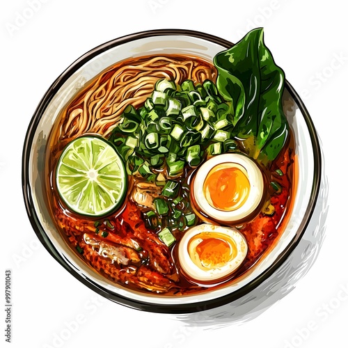 Burmese Mohinga Noodle Soup with Lime and Egg - Top View. photo