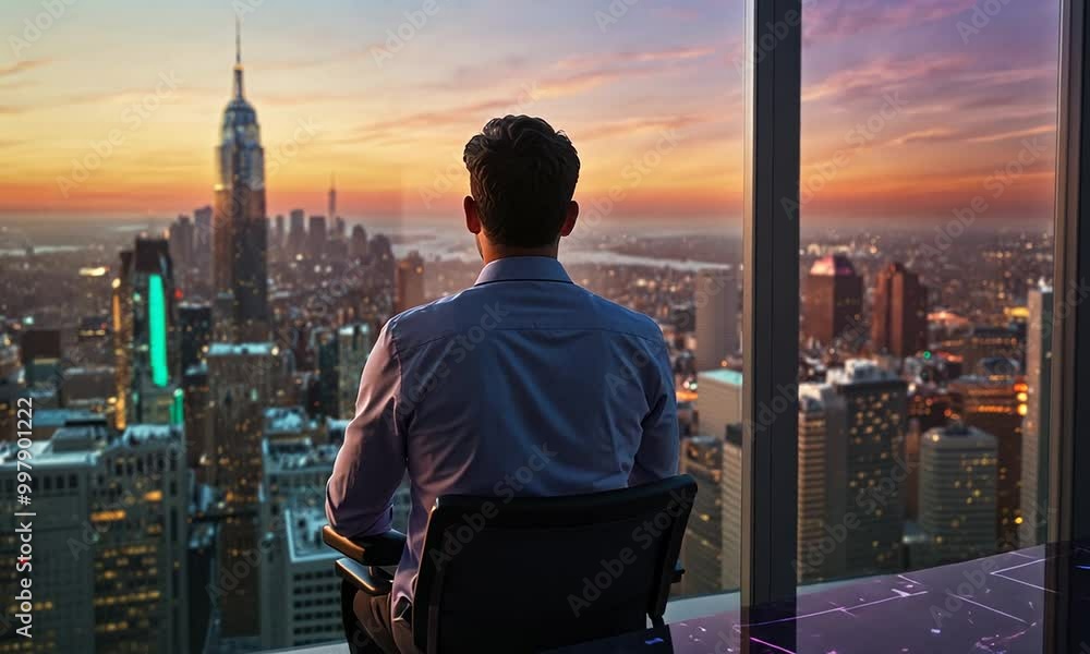 Backview of business man sitting in a futuristic office Backview of business man sitting in a futuristic office