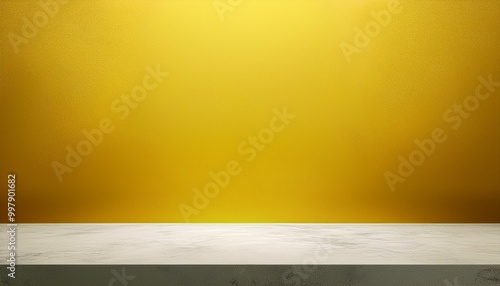 Studio with podium for product presentation. Empty floor and yellow wall with stand. 3D room with gradient background. Countertop with concrete or marble texture