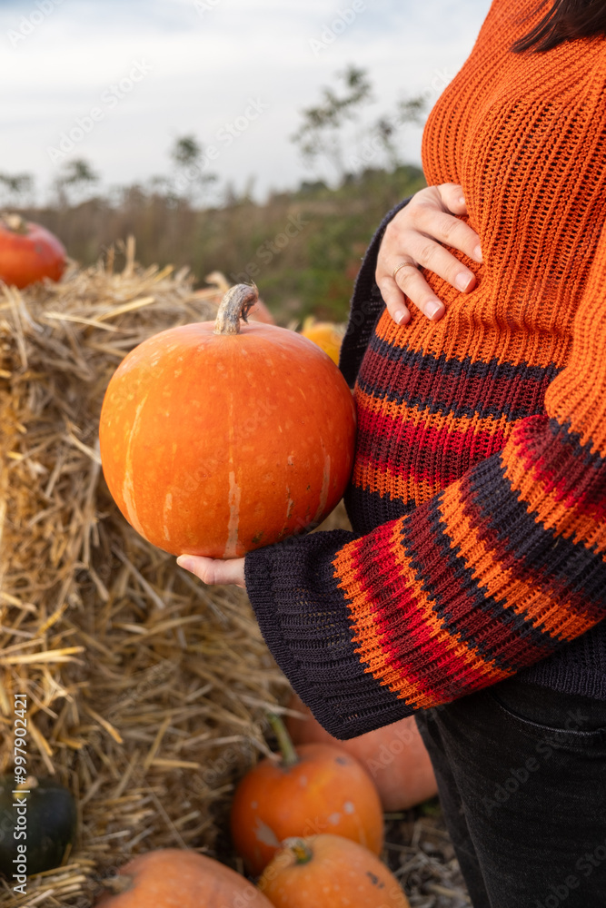 Pregnant Woman Holding Pumpkin in Hands