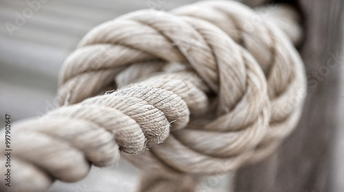 A close-up view of a rope made of twisted strands, with visible threads and knots, highlighting its texture and craftsmanship.