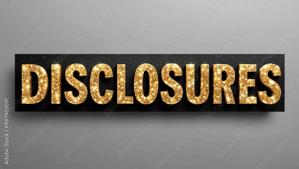 Disclosures word lettering with glitter gold shining effect on plain black background Disclosures word lettering with glitter gold shining effect on plain black background