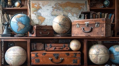 Home office with a travel theme, featuring a collection of globes, vintage suitcases as storage, and maps as wallpaper Adventurous and worldly