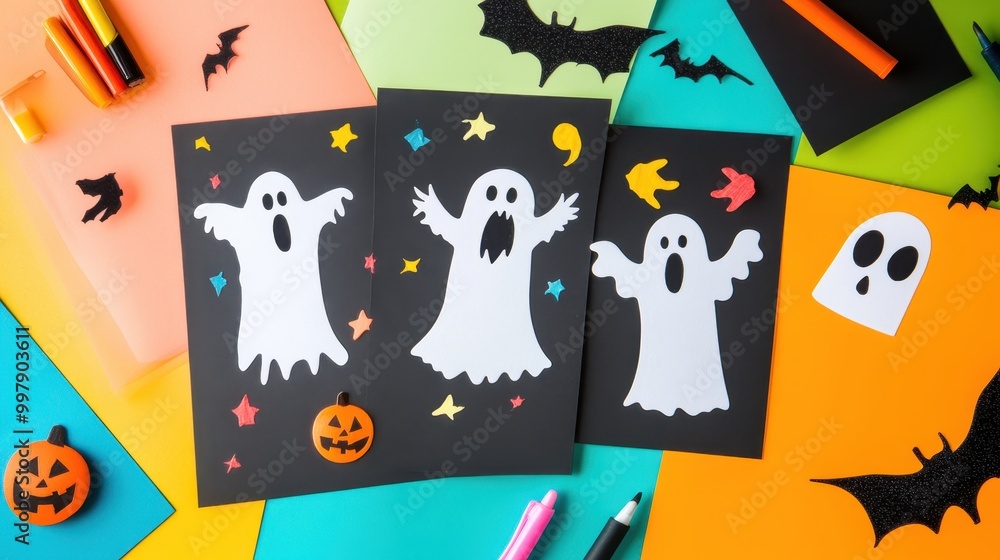 Naklejka premium Spooky Handmade Halloween Cards Surrounded by Colorful Markers and Craft Paper