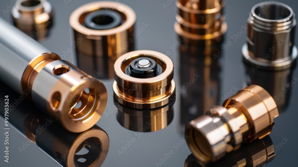 Precision Machined Metal Parts on Reflective Surface Precision Machined Metal Parts on Reflective Surface