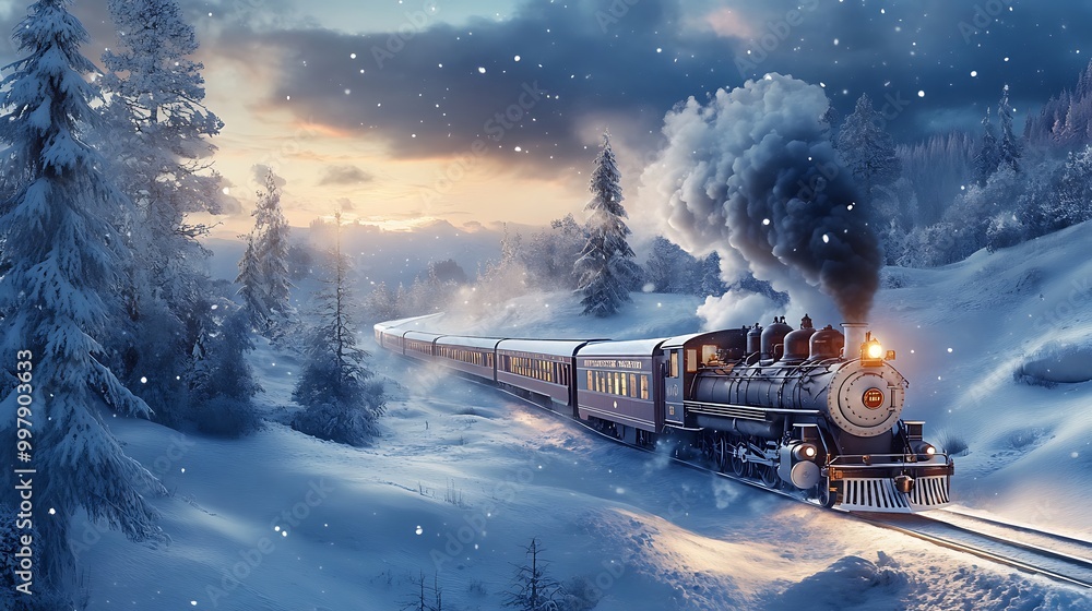 Polar express train traveling through a winter wonderland Polar express train traveling through a winter wonderland