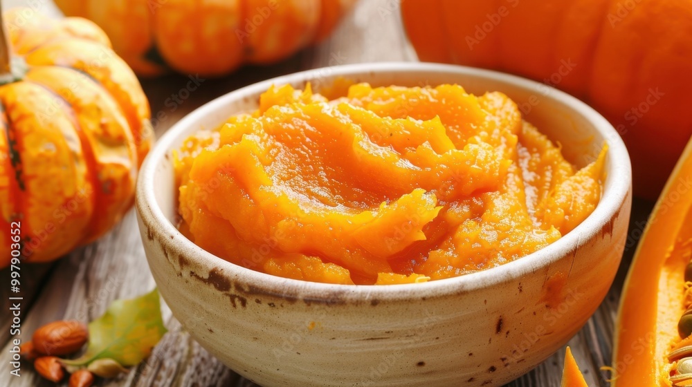 Autumn Pumpkin Puree in Rustic Bowl Surrounded by Fall Leaves. Pumpkin Puree