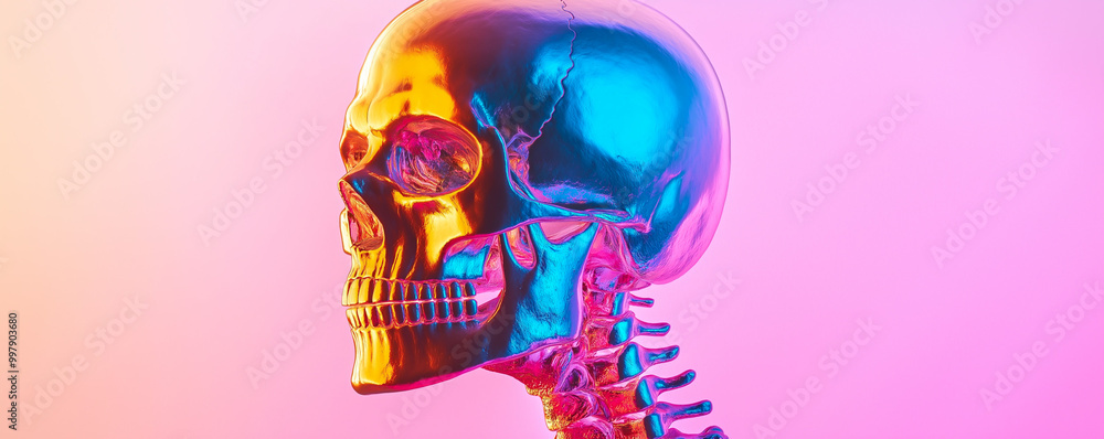 Cyber Neon Glow in the Dark Iridescent Rainbow Skull, Trendy Minimal Glitch Art. Vivid Acid UV Colors, Realistic Minimal Chrome 3D, Pink Background. Surreal Psychedelic Scary Spooky Banner Header Cyber Neon Glow in the Dark Iridescent Rainbow Skull, Trendy Minimal Glitch Art. Vivid Acid UV Colors, Realistic Minimal Chrome 3D, Pink Background. Surreal Psychedelic Scary Spooky Banner Header