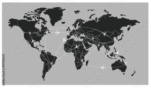 flight line paths going across blue world map, flying white airplanes routes vector illustration