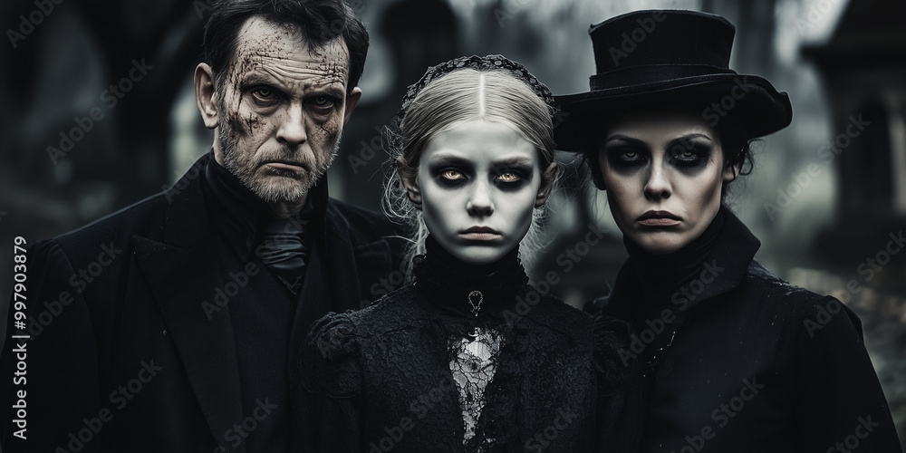 Close up portrait of a gothic family with very pale faces Close up portrait of a gothic family with very pale faces